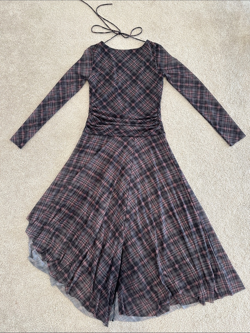 Zara Black and Pink Plaid Long-Sleeve A-Line Dress
